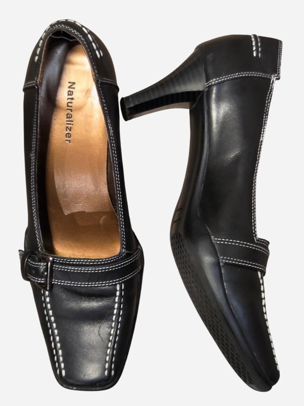 Naturalizer Black Y2K Buckle Leather Contrast Stitch Heels Sz 7.5